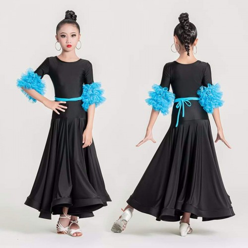 Black with turquoise ruffles sleeves long ballroom dance dresses for girls kids waltz tango foxtrot smooth dance long swing skirts for girls